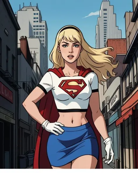 Graphic novel style illustration of upper body, hairband, supergirl, blonde hair, long hair, white gloves, long red cape, tight blue skirt, white crop top, belly button, curvy, wide hips, sexy, city background, epic, cinematic, <lora:Supergirl_DCAU:0.5>, sharp, extreme detailed, HD, HDR, 4K, high quality, high resolution, 2D, masterpiece, epic, cinematic, digital artwork