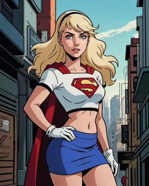Graphic novel style illustration of upper body, hairband, supergirl, blonde hair, long hair, white gloves, long red cape, tight blue skirt, white crop top, belly button, curvy, wide hips, sexy, city background, epic, cinematic, <lora:Supergirl_DCAU:0.5>, sharp, extreme detailed, HD, HDR, 4K, high quality, high resolution, 2D, masterpiece, epic, cinematic, digital artwork