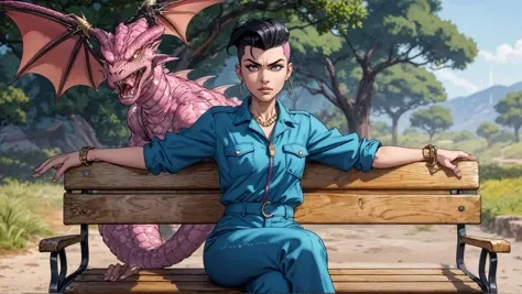 body:Coiled, clothing:Safari Glam: Utility jumpsuit, wedges, and statement jewelry., face:Short Textured Quiff with Taper Fade, pose:Sitting on a bench with arms resting on the backrest, scenario:Dragon Slayer: Wielding a gleaming sword confronting a massive dragon with a fearless resolute glare., Blue and Pink