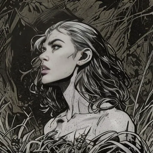 black pencil shading, charcoal drawing, tinted paper, pencil drawing, brutal dark b/w color scheme, Create an evocative portrayal of a woman inspired by Sami Gayle in the style of Planet of the Apes, set against the backdrop of a Woodland landscape. Emphasize her silhouette, drawing inspiration from the rugged yet stylish aesthetic of feral world depicted in the Planet of the Apes series. Consider rendering her naked as an animal, with wild disheveled chestnut hair, her nude athletic physique reflects the survivalist feral nature of the setting. Enhance the scene with details such as thick undergrowth of ferns and vegetation to convey the harsh and unforgiving environment. Ensure that her expression exudes determination and resilience, reflecting her ability to thrive in the face of adversity. Hatching with black pencil golden patterns, golden and black spirit, charcoal drawing