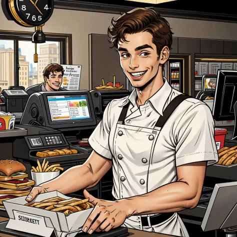 a young man working in a fast food restaurant, wearing a food service uniform, at a cash register, smiling