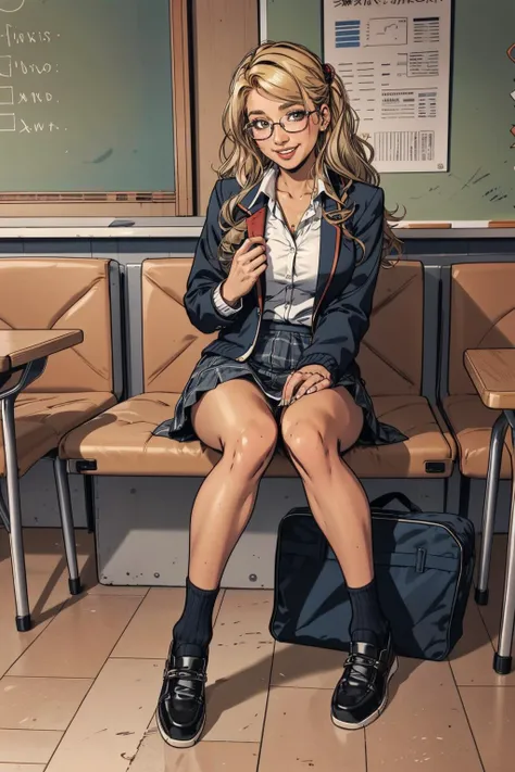 1girl, glasses, jacket, long hair,, plaid, plaid skirt, school uniform, shoes, shuujin academy uniform, skirt, from behind, outdoors, smile, school cafeteria,
masterpiece, best quality, <lora:erika2:1> blonde hair, tanned skin, dark skin, gyaru,bronze skin