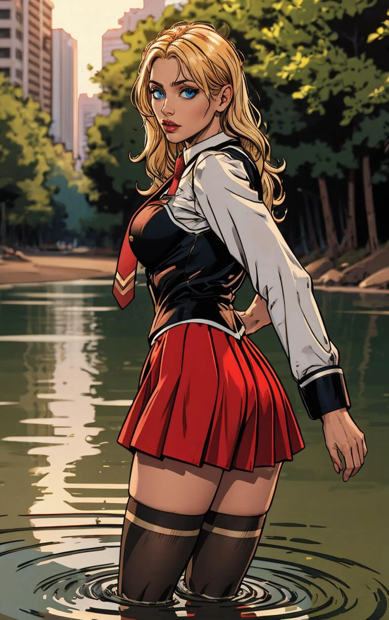 ((masterpiece, best quality)), insaneres, absurdres, solo, outdoors,
CLOTHING_BibleBlack_SchoolDress_ownwaifu,
1girl, blonde hair, long hair, blue eyes,
black vest, red skirt, white shirt, collared shirt, suspenders, school uniform, black thighhighs, zettai ryouiki, necktie, long sleeves, pleated skirt, red necktie,
(wading, looking back), water,<lora:CLOTHING_BibleBlack_SchoolDress_ownwaifu:0.75>,
lens flare, depth of field, bokeh, embers, vanishing point, looking at viewer,