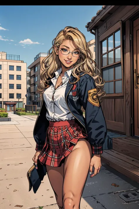 1girl, glasses, jacket, long hair,, plaid, plaid skirt, school uniform, shoes, shuujin academy uniform, skirt, from behind, outdoors, smile,
masterpiece, best quality, <lora:erika2:1> blonde hair, tanned skin, dark skin, gyaru,bronze skin