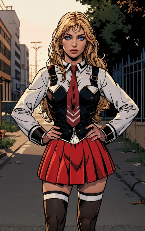 ((masterpiece, best quality)), insaneres, absurdres, solo, outdoors,
CLOTHING_BibleBlack_SchoolDress_ownwaifu,
1girl, blonde hair, long hair, blue eyes,
black vest, red skirt, white shirt, collared shirt, suspenders, school uniform, black thighhighs, zettai ryouiki, necktie, long sleeves, pleated skirt, red necktie,
(contrapposto, hand on hip)<lora:CLOTHING_BibleBlack_SchoolDress_ownwaifu:1>,
lens flare, depth of field, bokeh, embers, vanishing point, looking at viewer,
