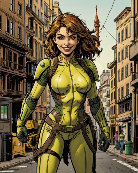 a female hero with a green costume standing, smiling, in a city street