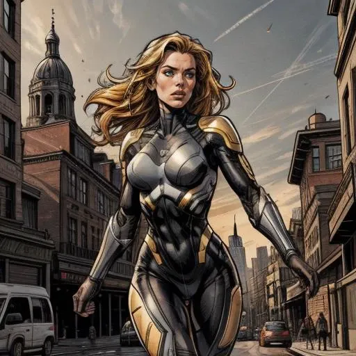 comic artwork of a woman, bodysuit, upper, long blonde hair, city background, epic, dynamic lighting, cinematic shadows, <lora:add_detail:1>, crosshatching, 2D, Sharp, Detailed, HD, HDR, High Quality, High Resolution, Masterpiece