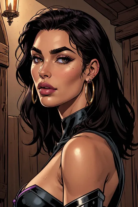 woman with long dark brown hair, dark brown eyes. Wearing a gray strapless blouse, with a tattoo of a triskle on her right shoulder.