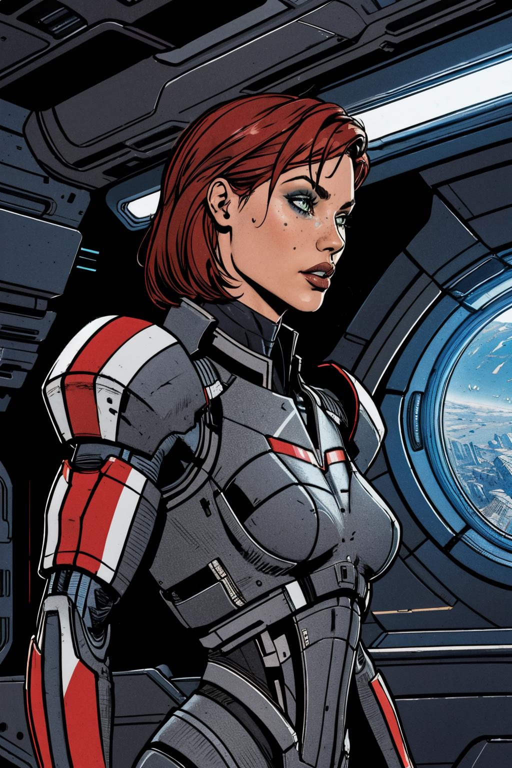 A woman in a futuristic suit standing in front of a window - SeaArt AI