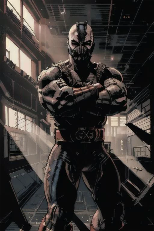 (masterpiece),
comic book,
bane,
cowboy shot,
crossed arms,
(evil red aura light),
jim lee, OverallDetail,
looking at viewer,
black background,
proud mood,