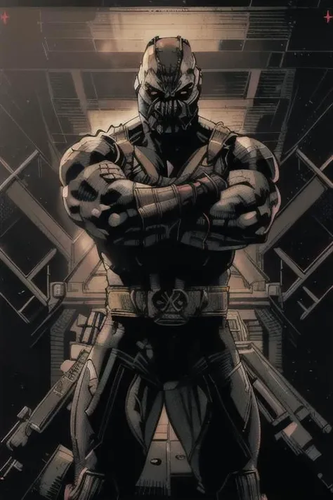 (masterpiece),
comic book,
bane,
cowboy shot,
crossed arms,
(evil red aura light), 
jim lee, OverallDetail,
looking at viewer,
black background,
proud mood,