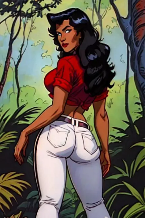 masterpiece, best quality, absurdres, hannah dundee, 1girl, solo, black hair, blue eyes, dark-skinned female, red-shirt, large breasts, midriff, white-pants, looking at viewer, standing, from behind, spread legs, cowboy shot