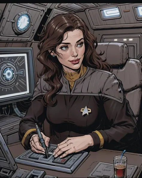 Graphic novel illustration of a woman, medium shot, futuristic, colorful, science fiction,, sharp, details,
BREAK
(ds9st operations:1.3),black sleeves<lora:Ds9Divi:0.8>,
BREAK
repairing a broken electrical circuit,scifi starship,switches,screens,machines,technology,futuristic, smiling,gleaming,long brown hair,HD, HDR, 8K, best quality, best resolution, maximalist, masterpiece, 2D, digital artwork, comic style