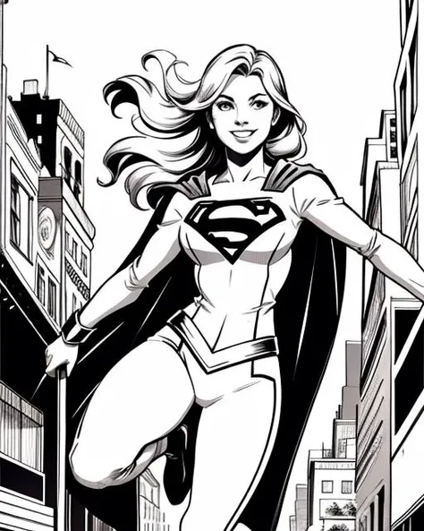 Line Art, comic, monochromes, illustratio, masterpiece, Extreme detail, Masterpiece, Best Quality, Beautiful, High-res image, Perfect body, Perfect hands, Perfect fingers, Perfect legs, Perfect face, Extremely detailed, 8k resolutio, Very delicate and beautiful, action pose, comics style, 1 Girl, Solo, power girl, short hair, wearing a power girl suit, fly in sky, in a city background, white background, 8k, Coloring pages for adults, intricate and bold ink illustration, linhas incrivelmente detalhadas, desenho detalhado em preto e branco, arte em tinta, ((sketch))