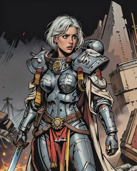 Digital Comic Artwork of kcu0c0 wearing edgAdepta, (short white hair:1.3), holding sword, fighting pose, angry, warrior, scifi, grim, dark, grunge, dirty, robe, war zone background, <lora:edgWar40KAdeptaSororitas:0.9> edgAdepta, power armor, shoulder armor, skull emblem, epic, cinematic, war, explosion, (sharp:1.2), (detailed:1.2), HD, HDR, 8K, best quality, best resolution, (maximalist:1.2), masterpiece