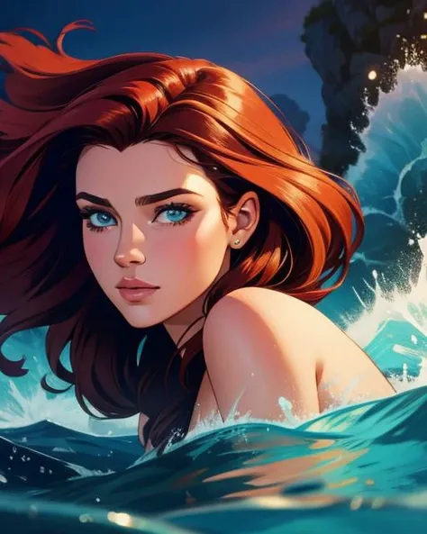 Giantess appears from underwater in front of a giant cruise ship, the cruise ship looks very small in front of her because it is giant, she is naked, she has red hair and white skin, she has small breasts but very sexy legs and her body is very curvy. Goddess, Attack, giant, cruise ship, naked, sexy, hot, ocean, in the middle of the ocean, without buildings, High quality, Red hair, excited girl, hottest, tall girl, sexy legs, monster girl, Standing, cruise ship, cruise, giant cruise, attacking, evil giantess
