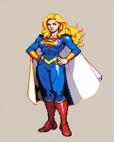 <lora:Cps2V2_Fp:0.95>, pixelart, simple background, full body, supergirl, long blonde hair, cape, big breasts, nobg, 2D, illustration, graphic novel, cross hatching, inked, by phil noto and Jim Lee, sharp, extreme detailed, HD, HDR, 4K, masterpiece, high quality, high resolution, breathtaking, award-winning, professional