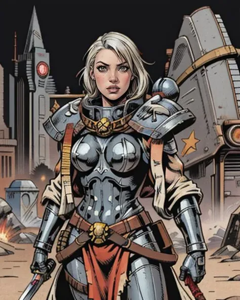 Digital Comic Artwork of br1tneysp-130 wearing edgAdepta, (short white hair:1.3), holding sword, fighting pose, angry, warrior, scifi, grim, dark, grunge, dirty, robe, war zone background, <lora:edgWar40KAdeptaSororitas:0.9> edgAdepta, power armor, shoulder armor, skull emblem, epic, cinematic, war, explosion, (sharp:1.2), (detailed:1.2), HD, HDR, 8K, best quality, best resolution, (maximalist:1.2), masterpiece