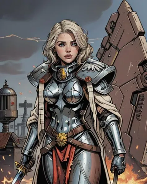 Digital Comic Artwork of ChloeMoretz wearing edgAdepta, (short white hair:1.3), holding sword, fighting pose, angry, warrior, scifi, grim, dark, grunge, dirty, robe, war zone background, <lora:edgWar40KAdeptaSororitas:0.9> edgAdepta, power armor, shoulder armor, skull emblem, epic, cinematic, war, explosion, (sharp:1.2), (detailed:1.2), HD, HDR, 8K, best quality, best resolution, (maximalist:1.2), masterpiece