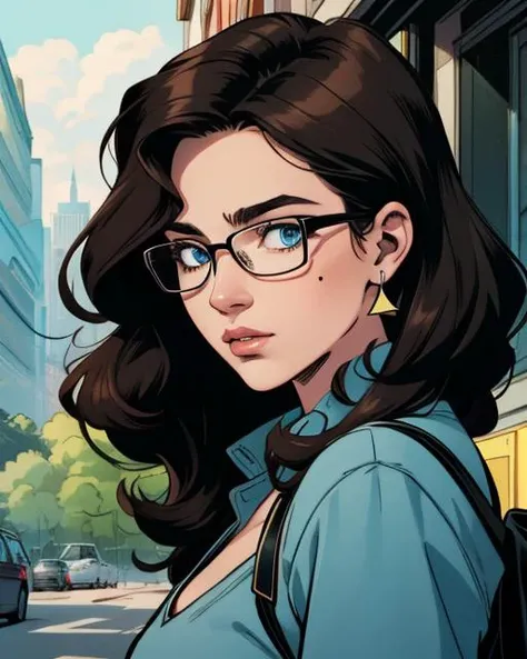drawing illustration, chubby woman, brunette, upper body, nerdy, ugly, thick glasses, bushy eyebrows, big nose, thin lips, long curly disheveled hair, bad face, moles, pimples, small breasts, 2D flat, colored illustration, graphic novel style, cross hatching, inked, comic style, by phil noto and todd mcfarlane, sharp, extreme detailed, HD, HDR, 4K, masterpiece, high quality, high resolution, breathtaking, award-winning, professional