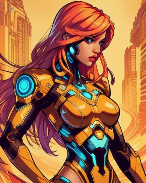 breathtaking illustration, medium shot, upper body, pretty girl, futuristic, (skintight white and gold body suit:1.2), wide hips, sexy, (armor:0.8), (cyborg:0.8), cyberpunk, city background, long colorful hair, pretty face, <lora:android-seams:0.75> android-seams, <lora:detail_slider_v4:2>, <lora:TronFashion:0.5> tronfashion, 2D flat, simple, minimalist, colored illustration, cross hatching, inked lines, by Jim Lee and Todd Mcfarlane, sharp, extreme detailed, HD, HDR, 4K, masterpiece, high quality, high resolution, professional . award-winning, professional, highly detailed