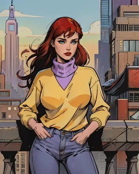 Digital Artwork of pretty woman, yellow sweatshirt, purple turtleneck, jeans pants, new york city background, <lora:Mary Jane Watson_v1:0.95> mary jane watson, sharp, detailed, HD, HDR, 8K, best quality, best resolution, maximalist, masterpiece, sharp lines, crosshatching, inked, colorful, graphic novel