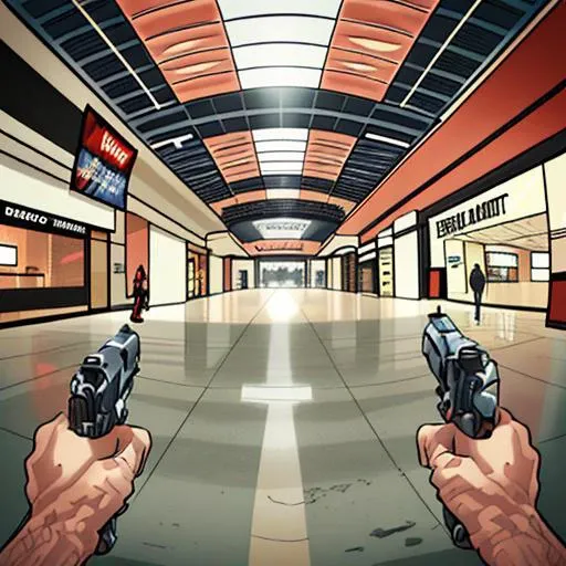 POV, holding guns, pistol, inside a mall background