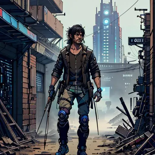 Full body view of (Daryl Dixon:1.2) as a (cyberpunk character:1.1), (cybernetic outfit:1.2), crossbow, dystopian cyberpunk city background, <lora:methurlant:1> methurlant, detailed, sharp, HD, HDR, masterpiece, best quality, best resolution, realistic_face, detailed_face, sharp_facial_features, even_face_features