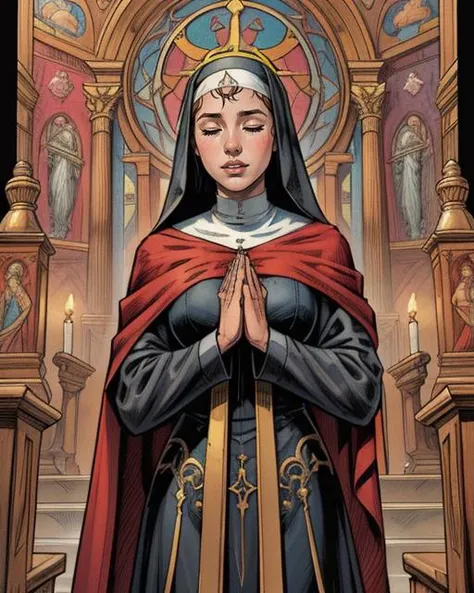 Comic drawing of a pretty nun, robe, (veil:1.2), paying, folded hands, closed eyes, church background, holy, warm, epic, cinematic, holy light, <lora:detail_slider_v4:2>, (sharp:1.2), (detailed:1.2), HD, HDR, 8K, best quality, best resolution, (maximalist:1.2), masterpiece, rough lines, by pencil and ink, crosshatching, colorful
