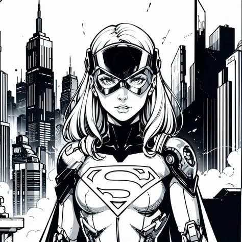 (cyberpunk:1.2), supergirl as a cyborg, (robot face:1.2), visor, mask, (super girl logo:1.3), cape, white hair, upper body, android, robot, cyberpunk city background, <lora:robot_skin_v1.0:0.25>, detailed, (prettyeyes:0.75), sharp, HD, HDR, (flat 2D:1.3), black and white, monochrome illustration, graphic novel drawing, line art, Inked lines, crosshatch, inked by Jim Lee, by frank miller <lora:WesternInkX:0.25> wnkrt