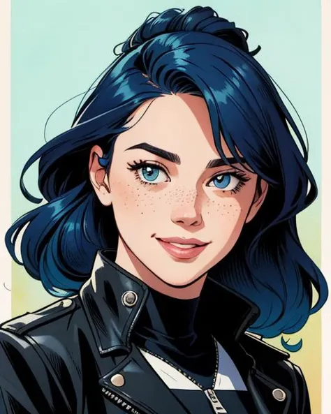 illustration, portrait of uniquely beautiful (chubby:1.2) [punk girl Betty Hyde|18 year old Kat Dennings|20 year old emma stone], freckles, smiling, full face, round face, full cheeks, full lips, big nose, studio lighting, biker leather jacket, colorful dyed hair, small breasts, <lora:Flat_Design_last:1>, 2D flat, colored illustration, graphic novel style, cross hatching, inked, comic style, by phil noto and todd mcfarlane, sharp, extreme detailed, HD, HDR, 4K, masterpiece, high quality, high resolution, breathtaking, award-winning, professional