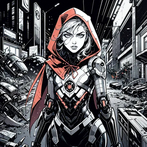 little red riding hood as a cybernetic robot girl, neon lights, 8k, photorealistic, highly detailed, intricate, close to real life, digital art, illustration, <lora:detail_slider_v4:2>, detailed, (prettyeyes:0.75), sharp, HD, HDR, (flat 2D:1.3), black and white, monochrome illustration, graphic novel drawing, line art, Inked lines, crosshatch, inked by Jim Lee, by frank miller <lora:WesternInkX:0.25> wnkrt
