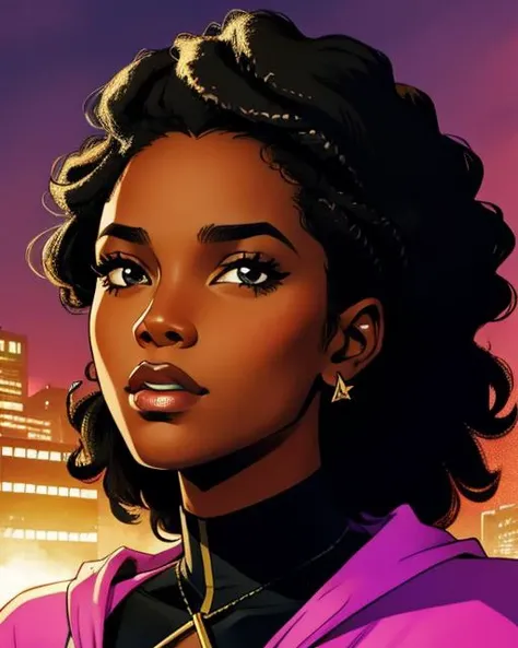 graphic novel comic illustration, of the most beautiful black girl in the world, portrait, ebony, in a city, african-american, 2D, crosshatching, inked lines, colorful, detailed, sharp, HD, HDR, 8K, best quality, best resolution