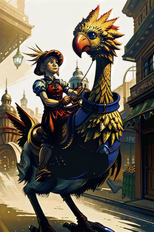 1 vendor (grocer), riding chocobo,
masterpiece, epic composition, full day lighting, absurdres,