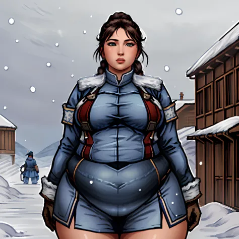 photorealistic, cinematic, <lora:more_details:0.5>, <lora:symix-5-1-alpha01:0.4>, thick thighs, wide hips, <lora:ethica:0.4>, fat ethica, chubby face, braided ponytail, valkyria chronicles outfit, blue uniform, blue long coat, world war, snowing