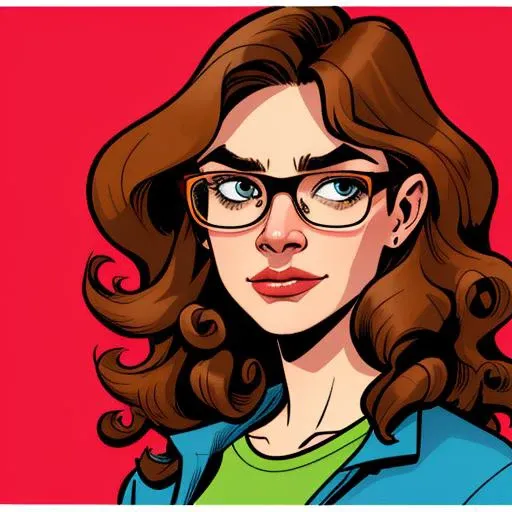 illustration, ugly looking woman, brunette, portrait, nerdy, thick glasses, bushy eyebrows, big nose, thin lips, long curly hair, bad face, hag, 2D flat, colored illustration, graphic novel style, cross hatching, inked, comic style, by phil noto and todd mcfarlane