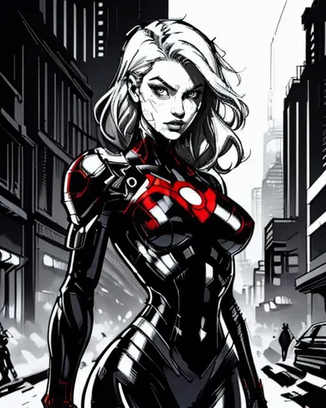 illustration, medium shot, upper body, pretty girl, busty, curvy, futuristic, (skintight white body suit:1.2), wide hips, sexy, (armor:0.8), (cyborg:0.8), cyberpunk, city background, long white hair, pretty face, <lora:android-seams:0.5> android-seams, <lora:detail_slider_v4:1.5>, <lora:TronFashion:0.35> tronfashion <lora:Immoral_City:1>, Sin_City_Style, (red armor:1.2), monchrome, monochrome, line art, 1 bit, bold lines, high contrast, 2D, illustration, vector graphic, comic style drawing, graphic novel, cross hatching, inked, by phil noto and Jim Lee, sharp, extreme detailed, HD, HDR, 4K, masterpiece, high quality, high resolution, professional
