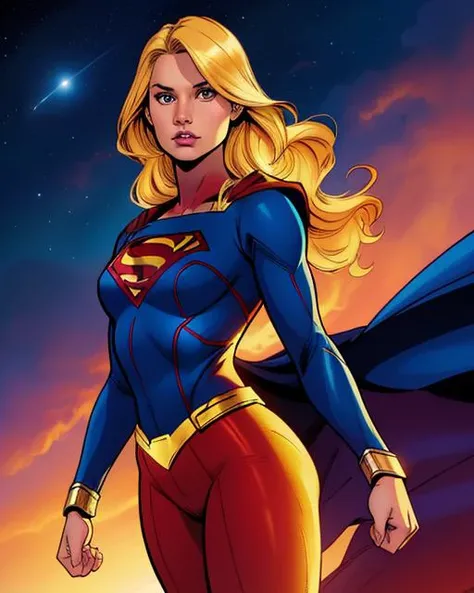 illustration, supergirl, blonde hair, tight bodysuit, sky background, 2D flat, colored illustration, graphic novel style, cross hatching, inked, comic style, by phil noto and todd mcfarlane, sharp, extreme detailed, HD, HDR, 4K, masterpiece, high quality, high resolution, breathtaking, award-winning, professional