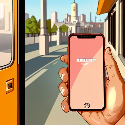pov, holding smartphone, pretty woman standing, outside, happy, smiling
