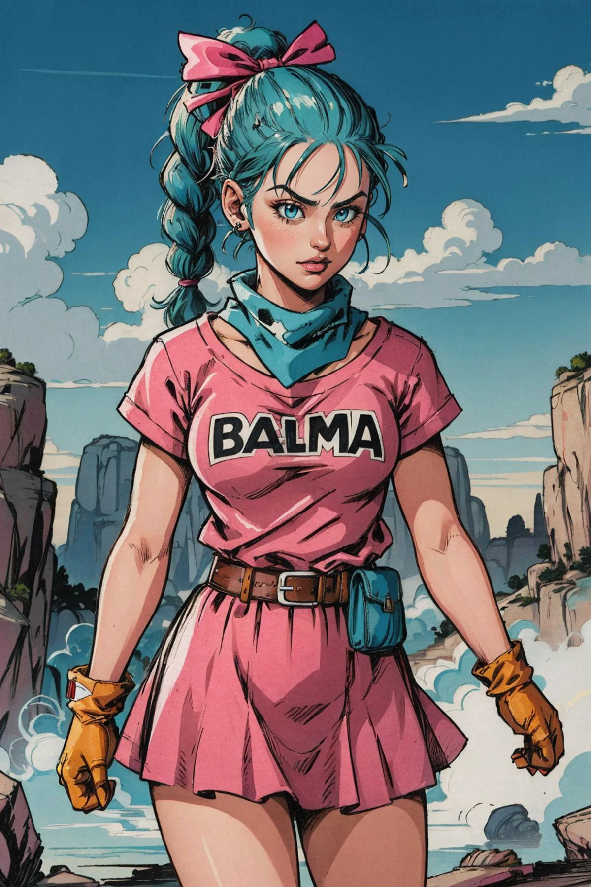 dragon ball, blmpony, aqua hair, hair ribbon, braided ponytail, pink shirt, belt, scarf, pink skirt, clothes writing, brown gloves, medium breasts, (sharp:1.2), (detailed:1.2), HD, HDR, 8K, best quality, best resolution, (maximalist:1.2), masterpiece, rough lines, by pencil and ink, crosshatching, colorful, cowboy shot, outdoors, <lora:bulma_v1:0.8> "BULMA" written on the blouse