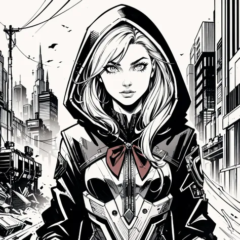 upper body, little red riding hood as a cyberpunk android girl, 8k, monochrome, highly detailed, intricate, close to real life, digital art, illustration, <lora:detail_slider_v4:1>, detailed, (prettyeyes:0.75), sharp, HD, HDR, (flat 2D:1.3), black and white, monochrome illustration, graphic novel drawing, line art, Inked lines, crosshatch, inked by Jim Lee, by frank miller <lora:WesternInkX:0.25> wnkrt