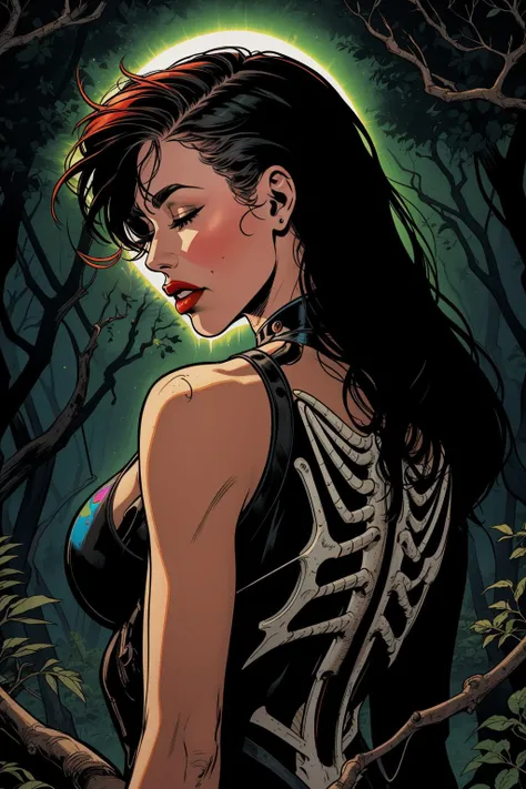 achechik masterpiece, best quality, 1girl, a woman in a skeleton costume with glowing arms and chest, in a forest with trees and branches, with a glowing light on her chest, detailed lighting, cyberpunk art, gothic art, red lips, from behind, closed eyes, <lora:backlight_slider_v10:-1>