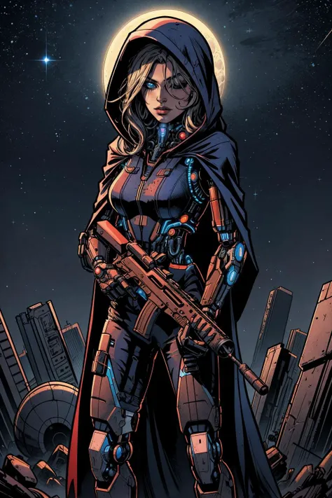 masterpiece, best quality, a woman in a futuristic suit, holding assault rifle, in the dark night sky with stars in the background and a full moon in the sky, cybernetic, cyberpunk art, fantasy art <lora:backlight_slider_v10:-1> <lora:add_detail:0.5>, hooded cloak, standing, hair over one eye,