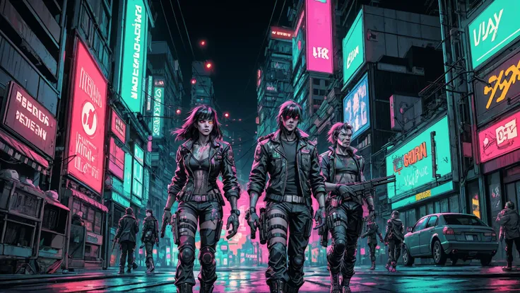 Cyberpunk gunfight on neon streets.