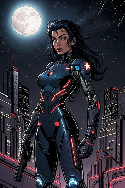 masterpiece, best quality, a woman in a futuristic suit holding a gun in the dark night sky with stars in the background and a full moon in the sky, cybernetic, cyberpunk art, fantasy art <lora:backlight_slider_v10:-1>