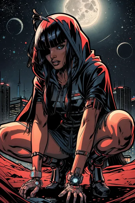 masterpiece, best quality, a woman in a futuristic suit,  in the dark night sky with stars in the background and a full moon in the sky, cybernetic, cyberpunk art, fantasy art   <lora:backlight_slider_v10:-1>   <lora:add_detail:0.5>, hooded cloak, squatting, hair over one eye, (long bangs:1.7),