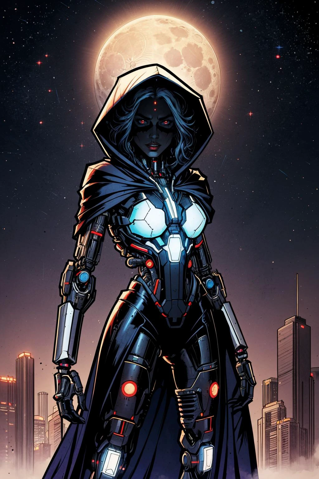 masterpiece, best quality, a woman in a futuristic suit, a sword on her back, in the dark night sky with stars in the background and a full moon in the sky, cybernetic, cyberpunk art, fantasy art <lora:backlight_slider_v10:-1> <lora:add_detail:0.5>, hooded cloak,