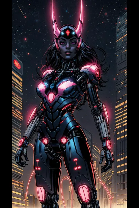 masterpiece, best quality, a woman in a futuristic suit, in the dark night sky, cybernetic, cyberpunk art, fantasy art <lora:backlight_slider_v10:-1> <lora:add_detail:0.5>, mechanical horns, headgear, very long hair, floating hair, electricity, aura, standing,