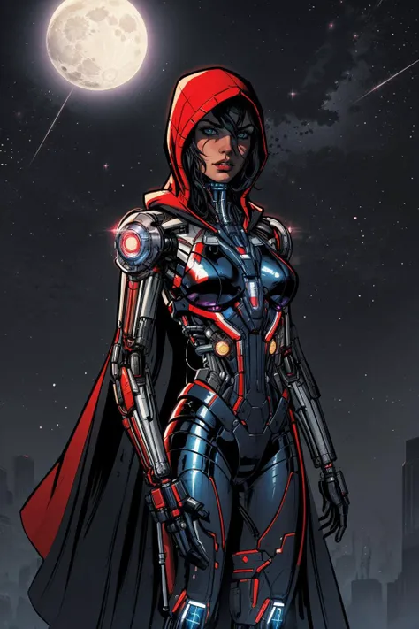 masterpiece, best quality, a woman in a futuristic suit, holding assault rifle, in the dark night sky with stars in the background and a full moon in the sky, cybernetic, cyberpunk art, fantasy art <lora:backlight_slider_v10:-1> <lora:add_detail:0.5>, hooded cloak, standing,