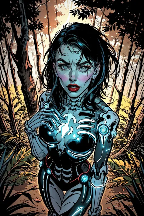 achechik masterpiece, best quality, 1girl, a woman in a skeleton costume with glowing arms and chest, in a forest with trees and branches, with a glowing light on her chest, detailed lighting, cyberpunk art, gothic art, red lips,standing, from above, serious, furrowed brow, <lora:backlight_slider_v10:-1>